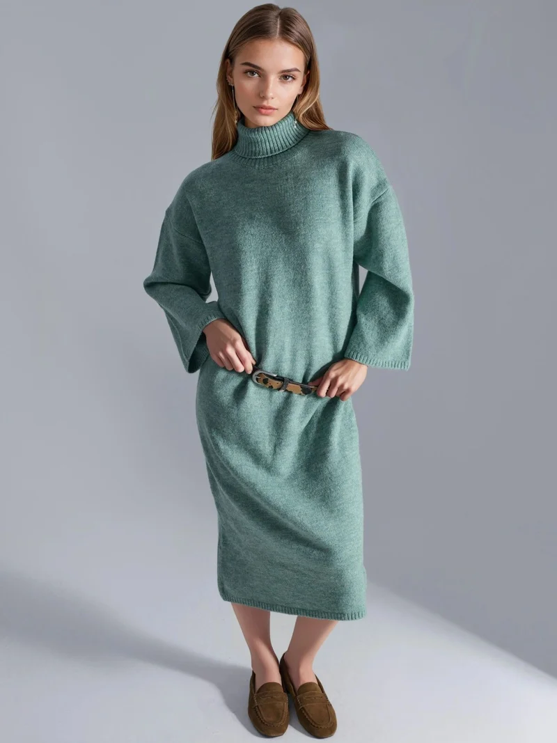 MY FASHION Sage Green MY FASHION Ribbed Turtleneck Maxi Knit Dress for Women | Best Price UAE